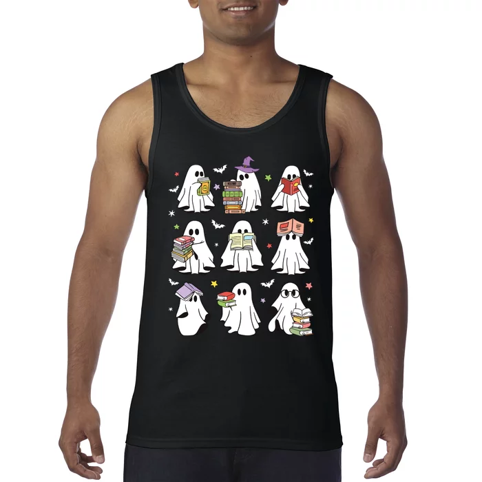 Funny Ghost Book Reading Halloween Books Lover Teacher Tank Top