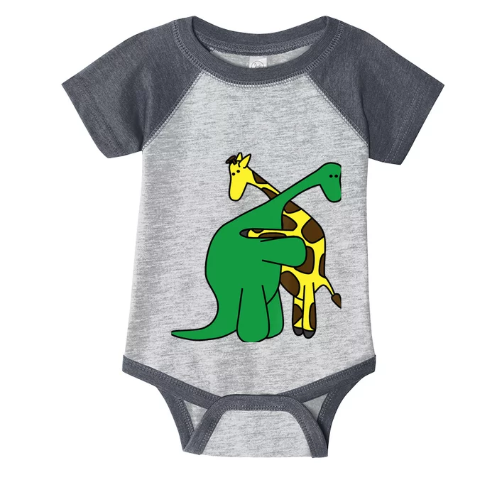 Funny Good Boy Dinosaur Hugging a Giraffe Movie Fan Gift Infant Baby Jersey Bodysuit