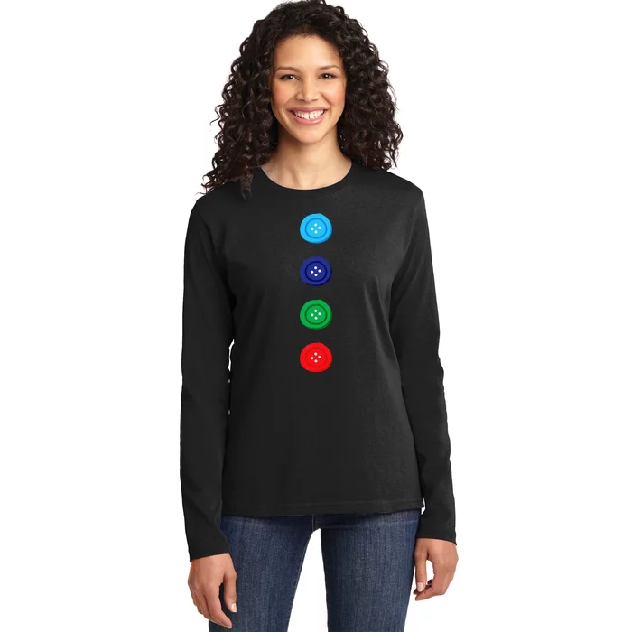 Four Groovy Buttons Blue Cat Funny Halloween Cute Ladies Long Sleeve Shirt