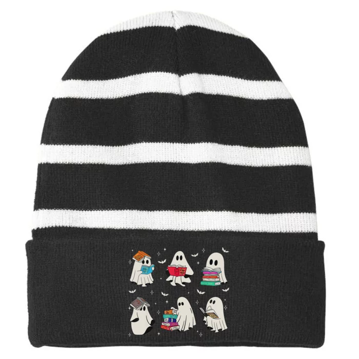 Funny Ghost Book Reading Halloween Books Lover Teacher Striped Beanie with Solid Band