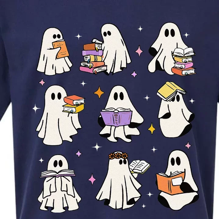 Funny Ghost Book Reading Halloween Books Lover Gift Sueded Cloud Jersey T-Shirt