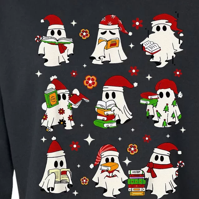 Funny Ghost Book Reading Christmas Books Lover Teacher Cropped Pullover Crew