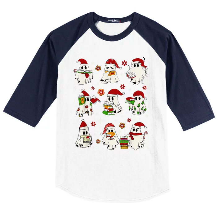 Funny Ghost Book Reading Christmas Books Lover Teacher Baseball Sleeve Shirt