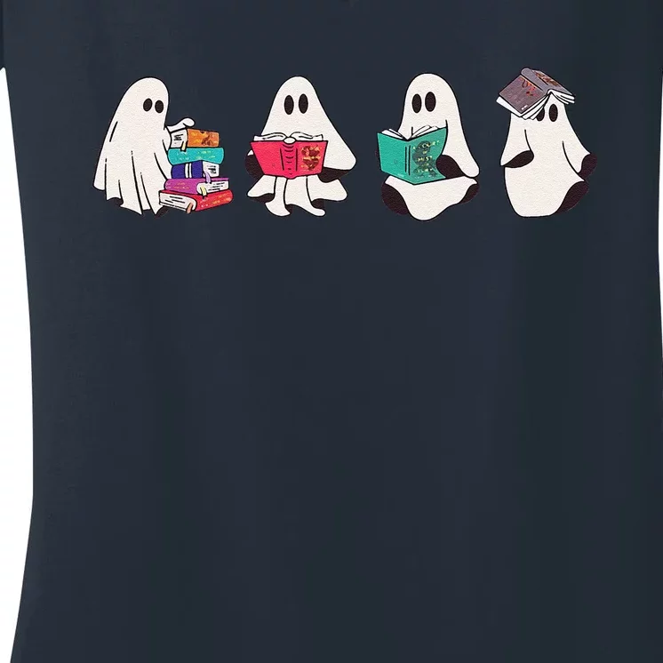 Funny Ghost Book Reading Halloween Books Lover Teacher Women's V-Neck T-Shirt