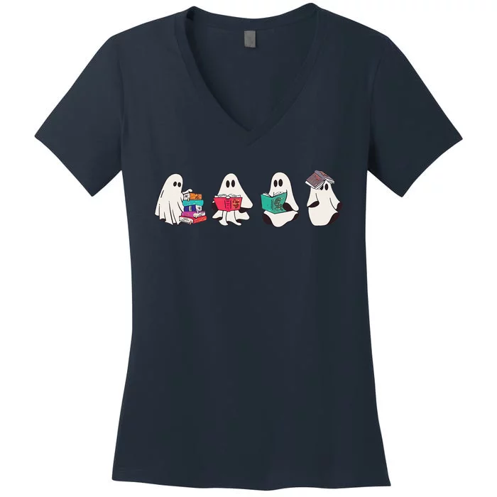 Funny Ghost Book Reading Halloween Books Lover Teacher Women's V-Neck T-Shirt