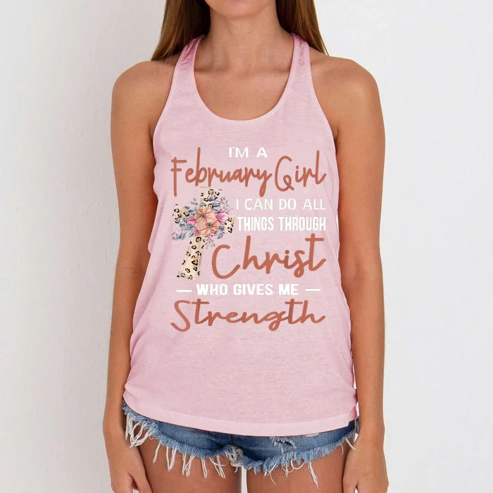 February Girl Birthday I Can Do Things Through Christ Women's Knotted Racerback Tank