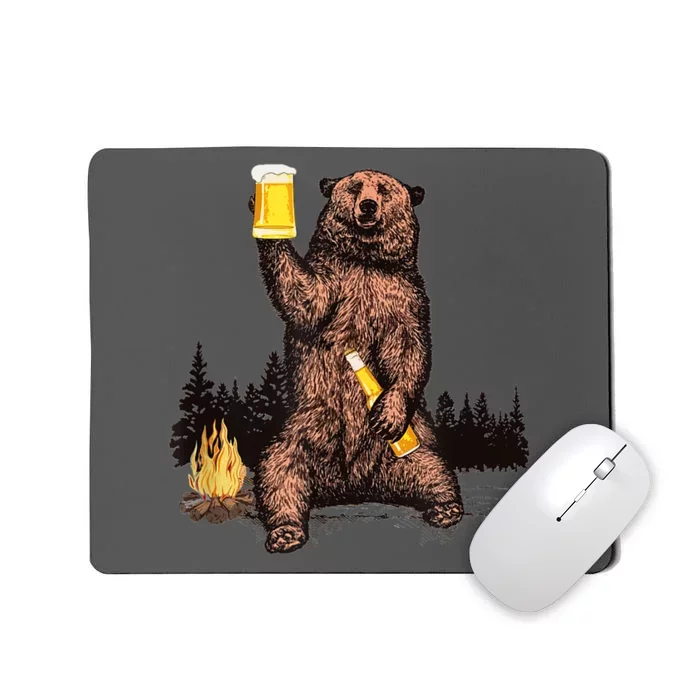 Funny Grizzly Bear Drinking Beer Camp Fire Woods Outdoor Gift Mousepad