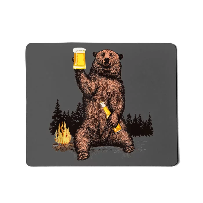 Funny Grizzly Bear Drinking Beer Camp Fire Woods Outdoor Gift Mousepad