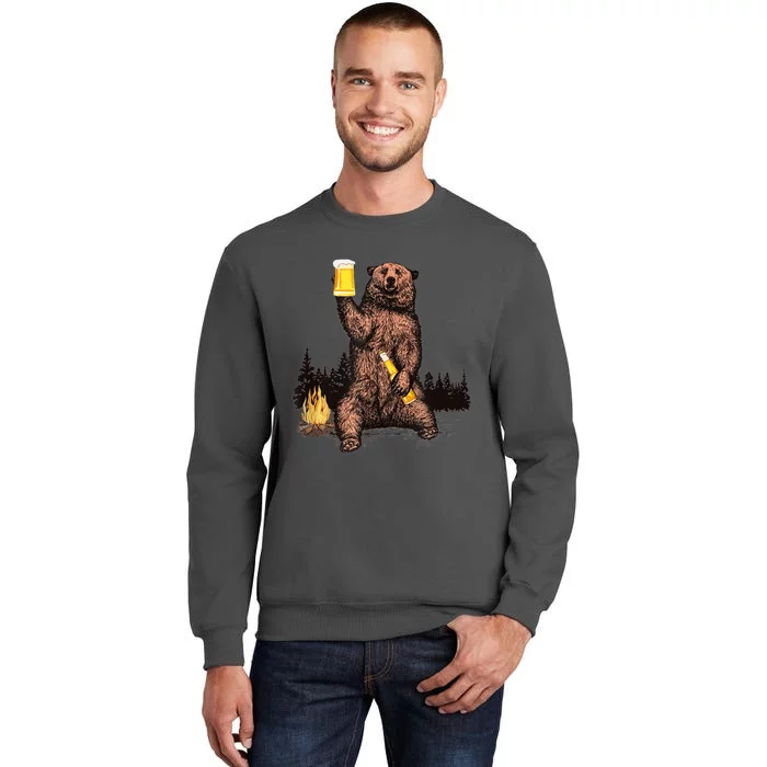 Funny Grizzly Bear Drinking Beer Camp Fire Woods Outdoor Gift Tall Sweatshirt