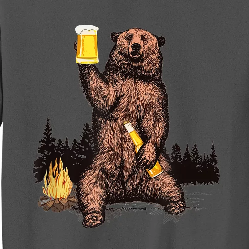 Funny Grizzly Bear Drinking Beer Camp Fire Woods Outdoor Gift Tall Sweatshirt