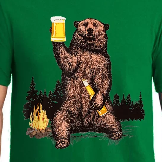 Funny Grizzly Bear Drinking Beer Camp Fire Woods Outdoor Gift Pajama Set