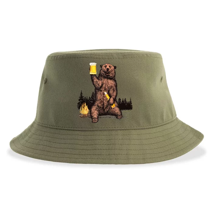 Funny Grizzly Bear Drinking Beer Camp Fire Woods Outdoor Gift Sustainable Bucket Hat