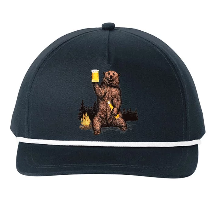 Funny Grizzly Bear Drinking Beer Camp Fire Woods Outdoor Gift Snapback Five-Panel Rope Hat