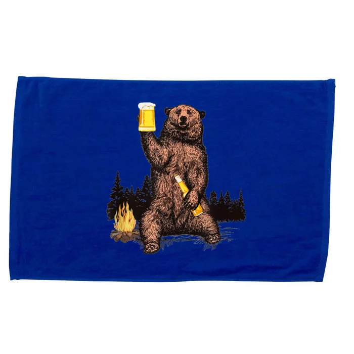 Funny Grizzly Bear Drinking Beer Camp Fire Woods Outdoor Gift Microfiber Hand Towel