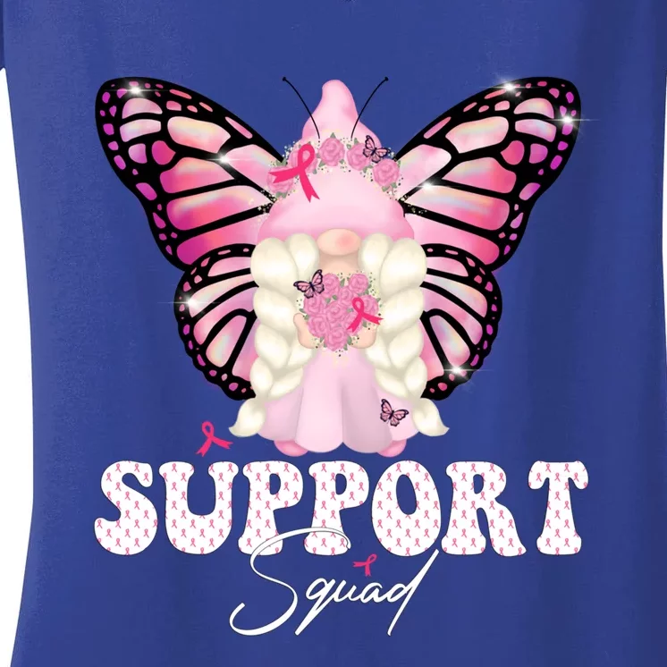 Funny Gnome Butterfly Support Squad Breast Cancer Awareness Gift Women's V-Neck T-Shirt