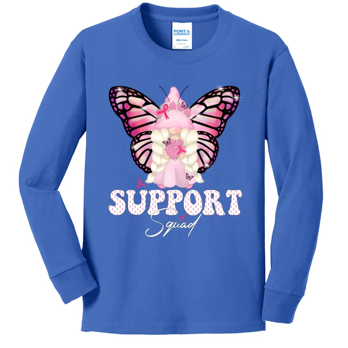 Funny Gnome Butterfly Support Squad Breast Cancer Awareness Gift Kids Long Sleeve Shirt