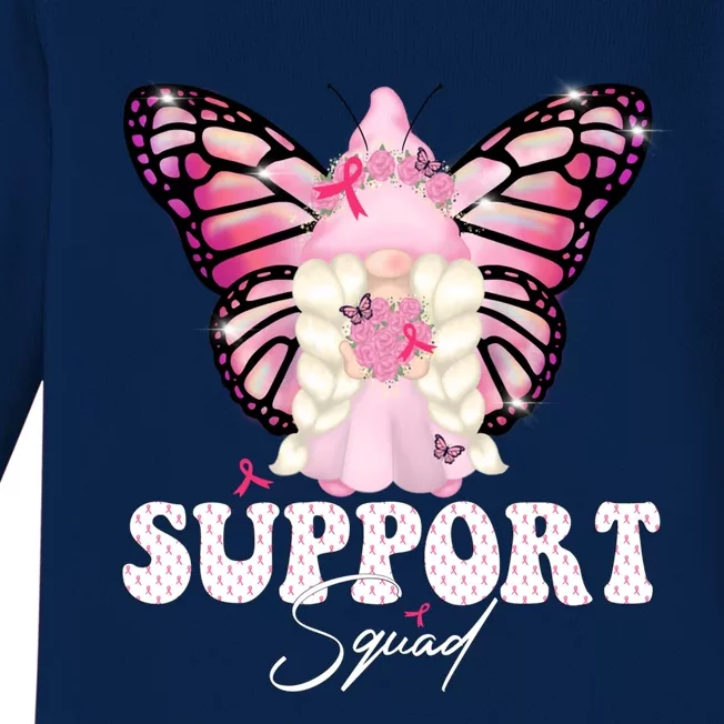 Funny Gnome Butterfly Support Squad Breast Cancer Awareness Gift Baby Long Sleeve Bodysuit