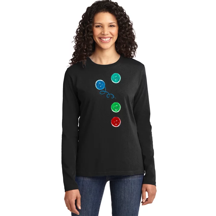 Four Groovy Buttons Blue Cat Funny Halloween Costume Ladies Long Sleeve Shirt