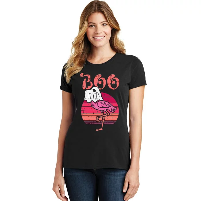 Flamingo Ghost Boo Pink Sunset Retro Halloween Bird Animal Women's T-Shirt