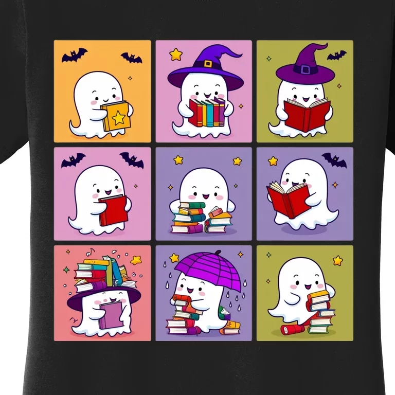 Funny Ghost Book Reading Halloween Design For Book Lovers & Teachers Women's T-Shirt