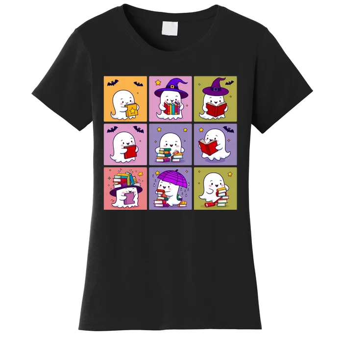 Funny Ghost Book Reading Halloween Design For Book Lovers & Teachers Women's T-Shirt