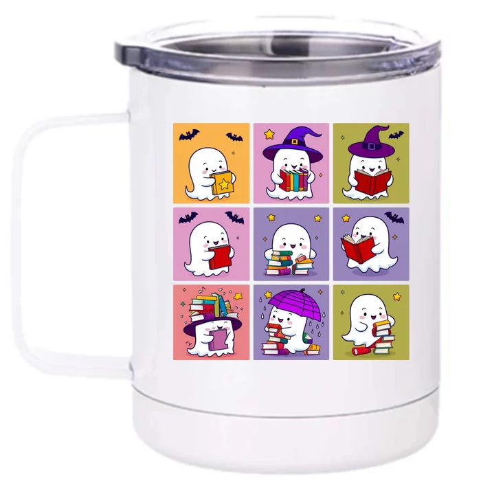 Funny Ghost Book Reading Halloween Design For Book Lovers & Teachers Front & Back 12oz Stainless Steel Tumbler Cup