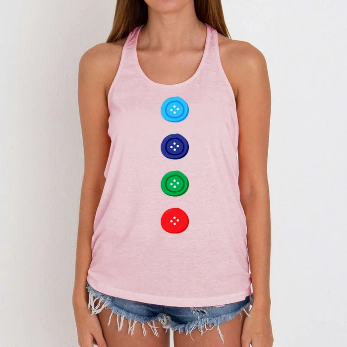 Four Groovy Buttons Blue Cat Funny Halloween Costume Women's Knotted Racerback Tank