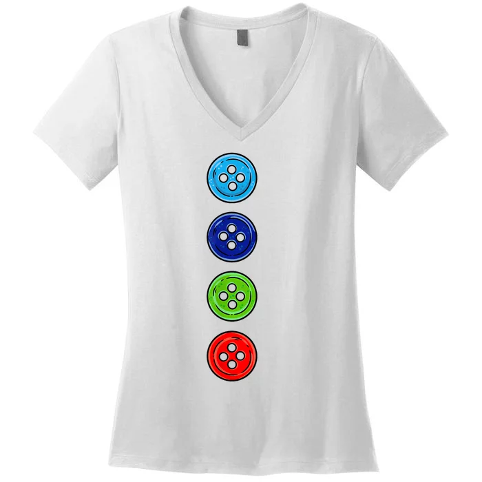 Four Groovy Buttons Blue Cat Funny Halloween Costume Women's V-Neck T-Shirt