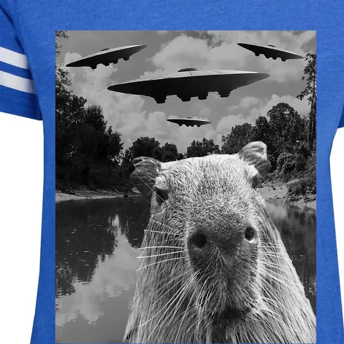 Funny Graphic Capybara Selfie With Ufos Weird Enza Ladies Jersey Football T-Shirt