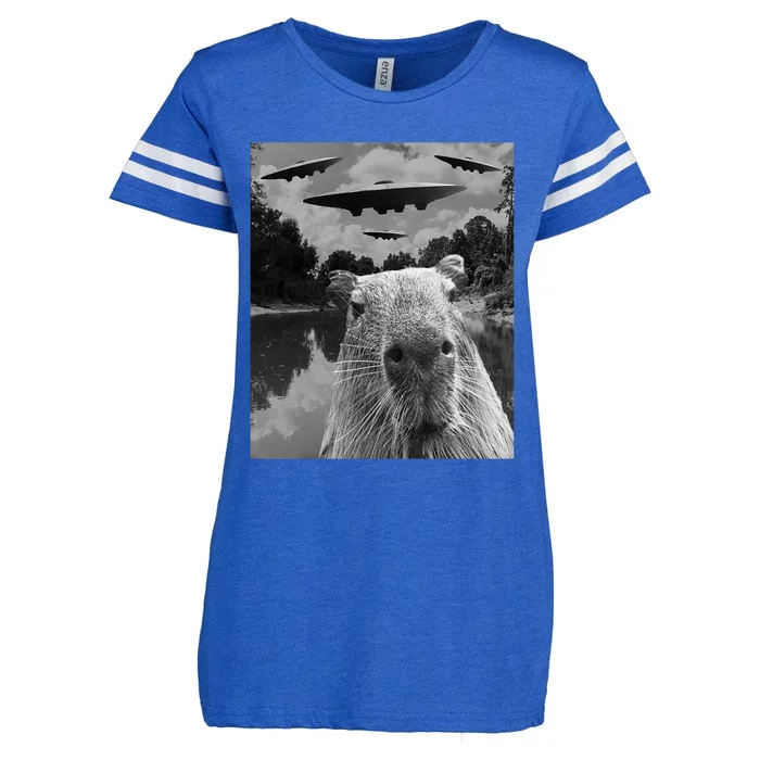 Funny Graphic Capybara Selfie With Ufos Weird Enza Ladies Jersey Football T-Shirt