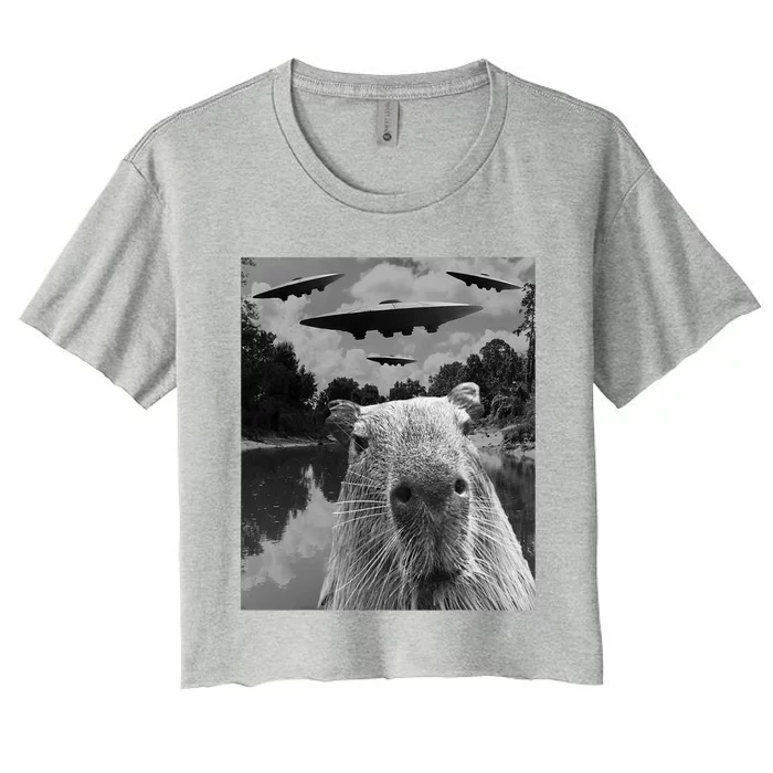 Funny Graphic Capybara Selfie With Ufos Weird Women's Crop Top Tee