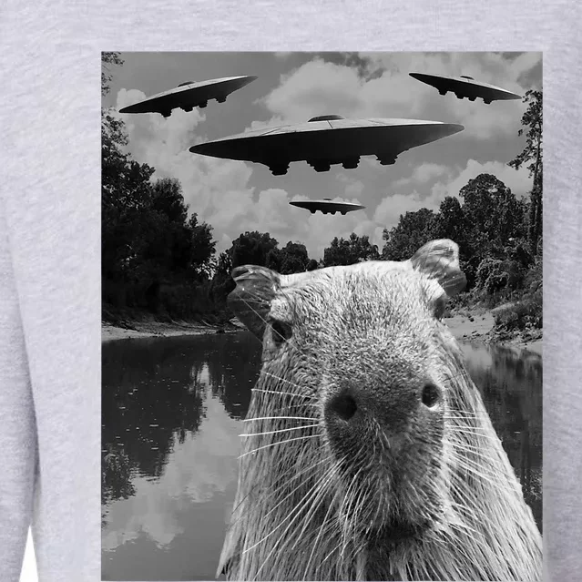 Funny Graphic Capybara Selfie With Ufos Weird Cropped Pullover Crew