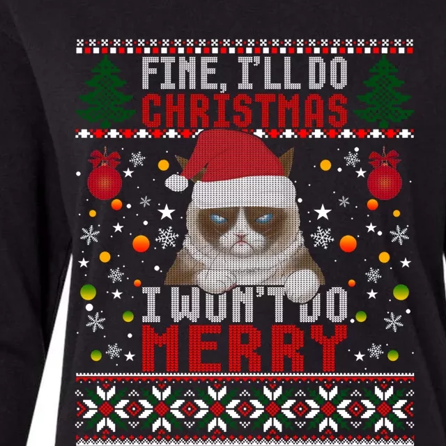 Funny Grumpy Christmas Cat Pun Joke Ugly Xmas Sweater Funny Gift Womens Cotton Relaxed Long Sleeve T-Shirt