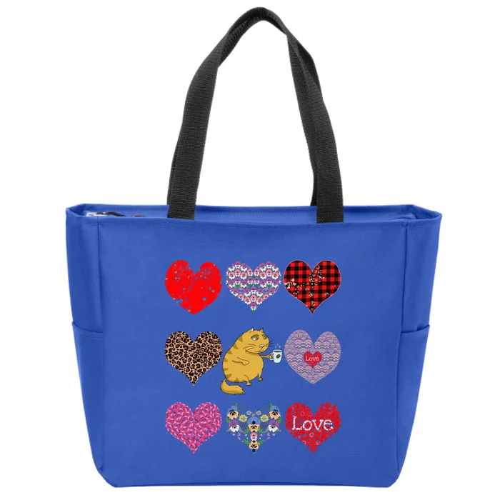 Funny Ginger Cat Hearts Pattern Coffee Lover Valentines Day Gift Zip Tote Bag