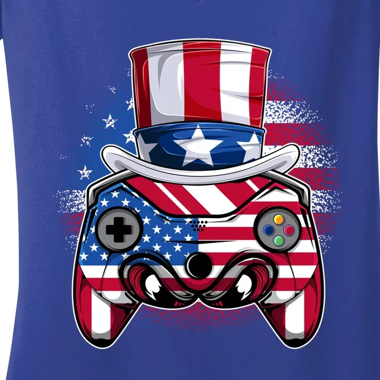 Funny Gamerica Controller And Uncle Sam Hat Gamer 4th Of July Gift Women's V-Neck T-Shirt