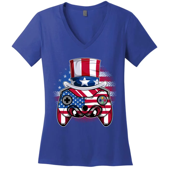 Funny Gamerica Controller And Uncle Sam Hat Gamer 4th Of July Gift Women's V-Neck T-Shirt