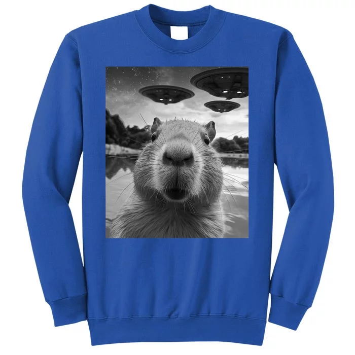 Funny Graphic Capybara Selfie With Ufos Weird Tall Sweatshirt