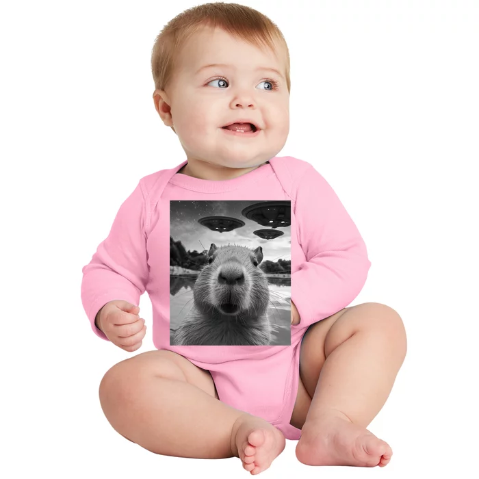 Funny Graphic Capybara Selfie With Ufos Weird Baby Long Sleeve Bodysuit