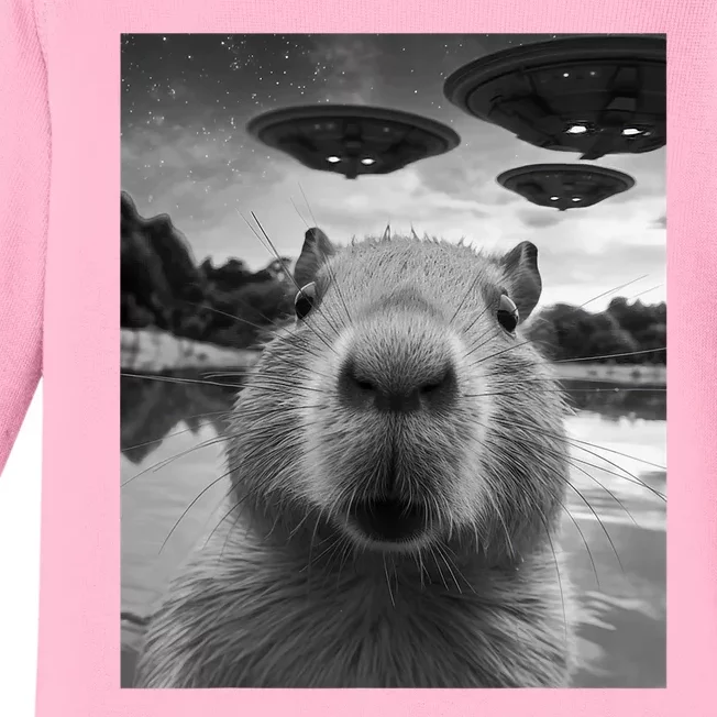 Funny Graphic Capybara Selfie With Ufos Weird Baby Long Sleeve Bodysuit