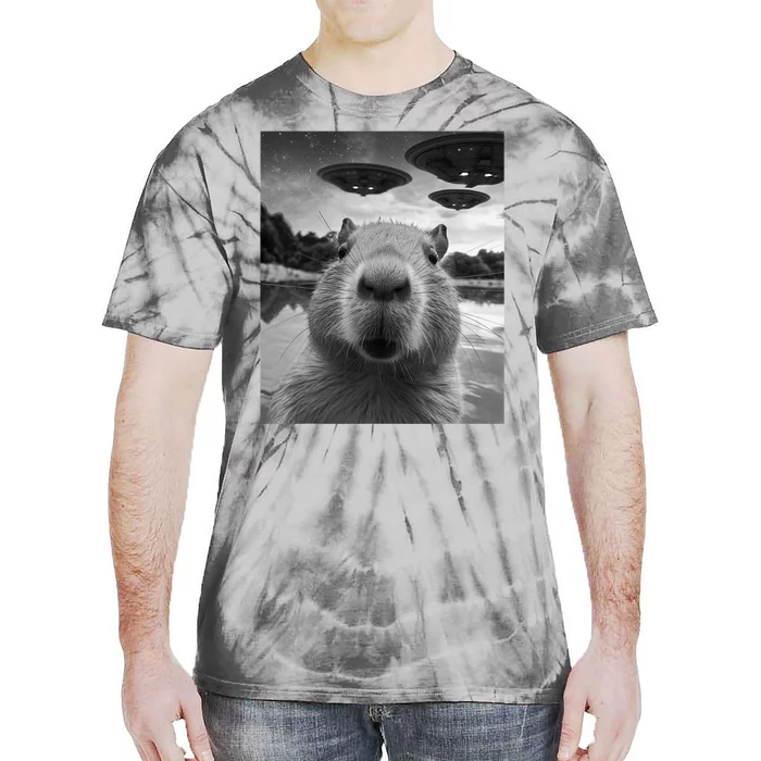 Funny Graphic Capybara Selfie With Ufos Weird Tie-Dye T-Shirt