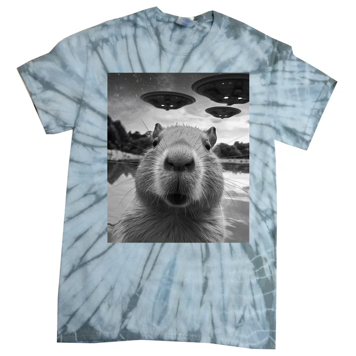 Funny Graphic Capybara Selfie With Ufos Weird Tie-Dye T-Shirt