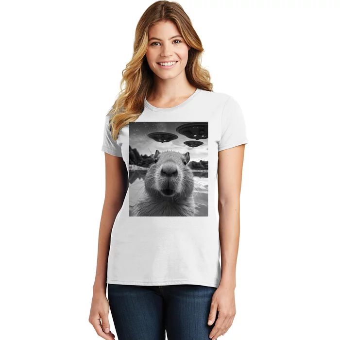 Funny Graphic Capybara Selfie With Ufos Weird Women's T-Shirt