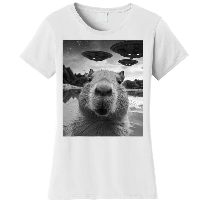 Funny Graphic Capybara Selfie With Ufos Weird Women's T-Shirt