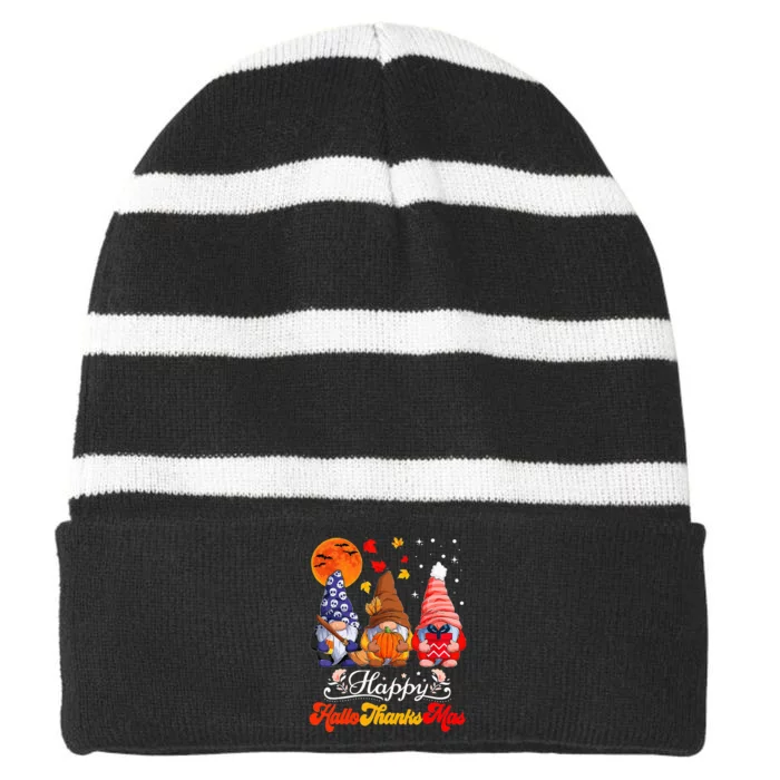 Festive Gnomes Celebrating Hallothanksmas Striped Beanie with Solid Band