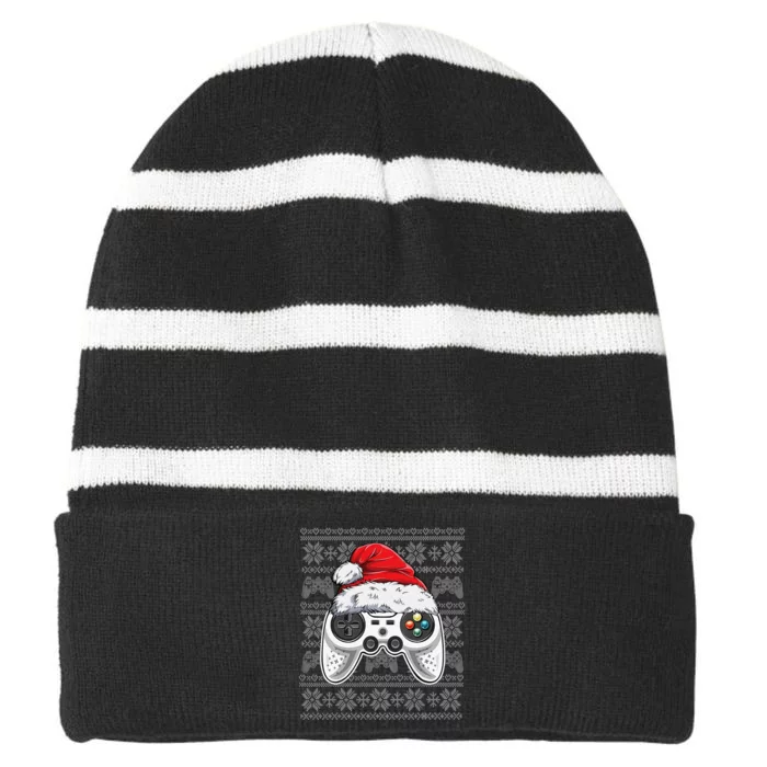 Funny Gamer Controller Gaming Gift Boys Christmas Santa Hat Striped Beanie with Solid Band