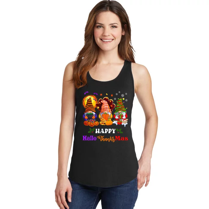 Festive Gnomes Celebrating Halloween and Christmas Ladies Essential Tank