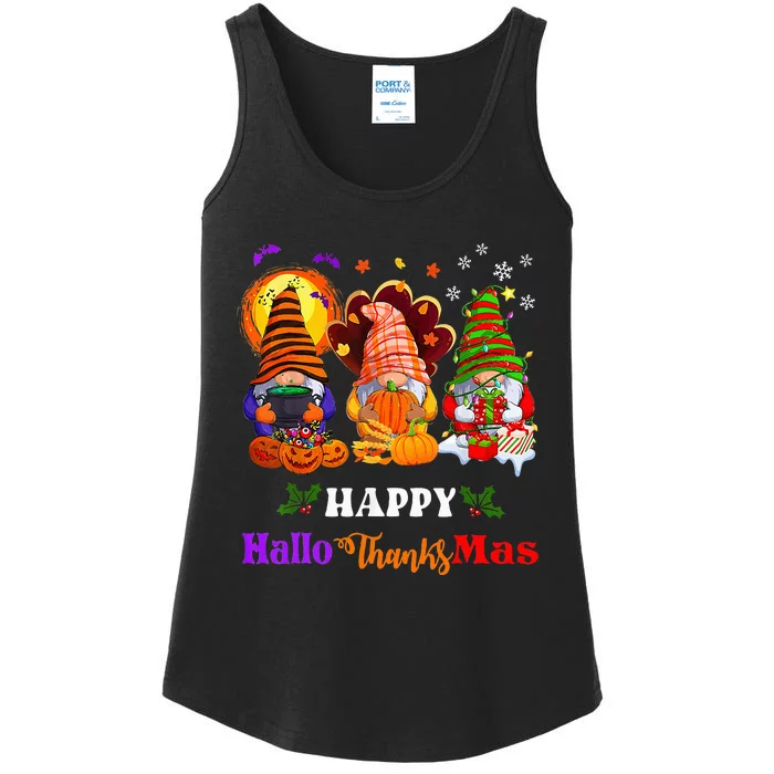 Festive Gnomes Celebrating Halloween and Christmas Ladies Essential Tank