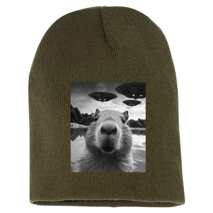 Funny Graphic Capybara Selfie With Ufos Weird Short Acrylic Beanie