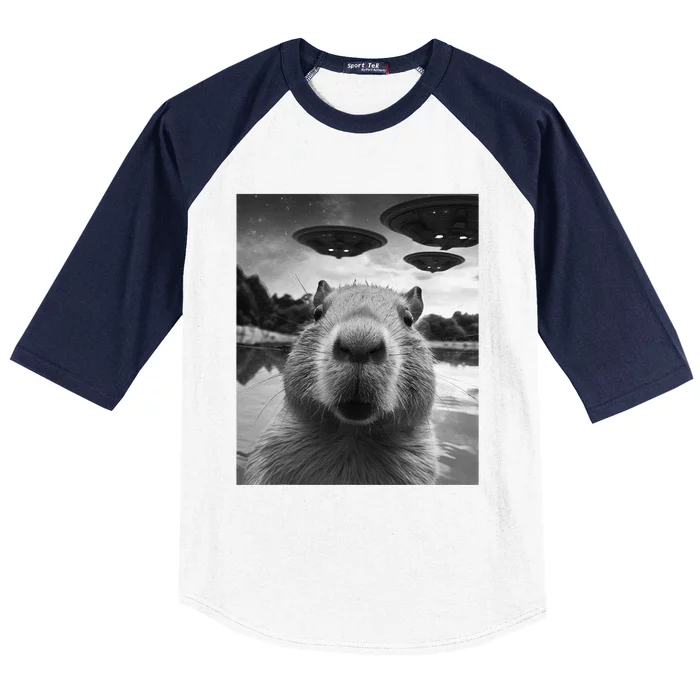 Funny Graphic Capybara Selfie With Ufos Weird Baseball Sleeve Shirt