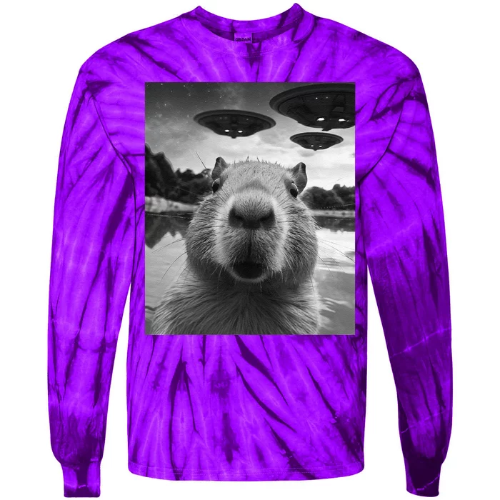 Funny Graphic Capybara Selfie With Ufos Weird Tie-Dye Long Sleeve Shirt